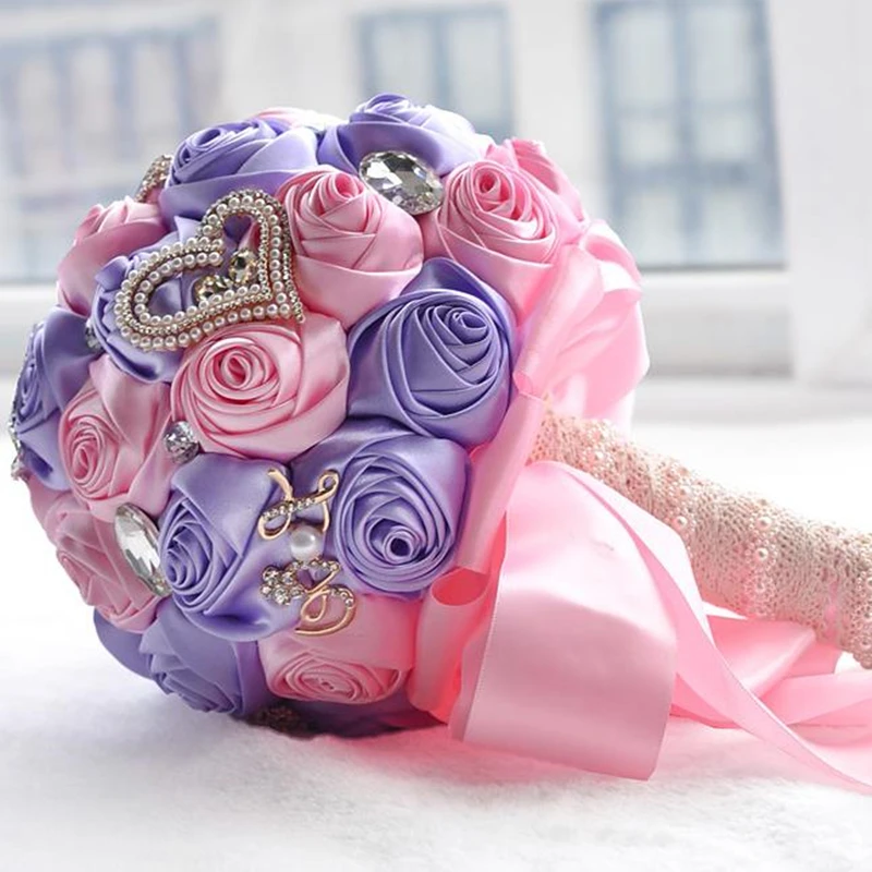 

Newest purple +pink slik rose wedding bouquet bridal flower bouquets for wedding