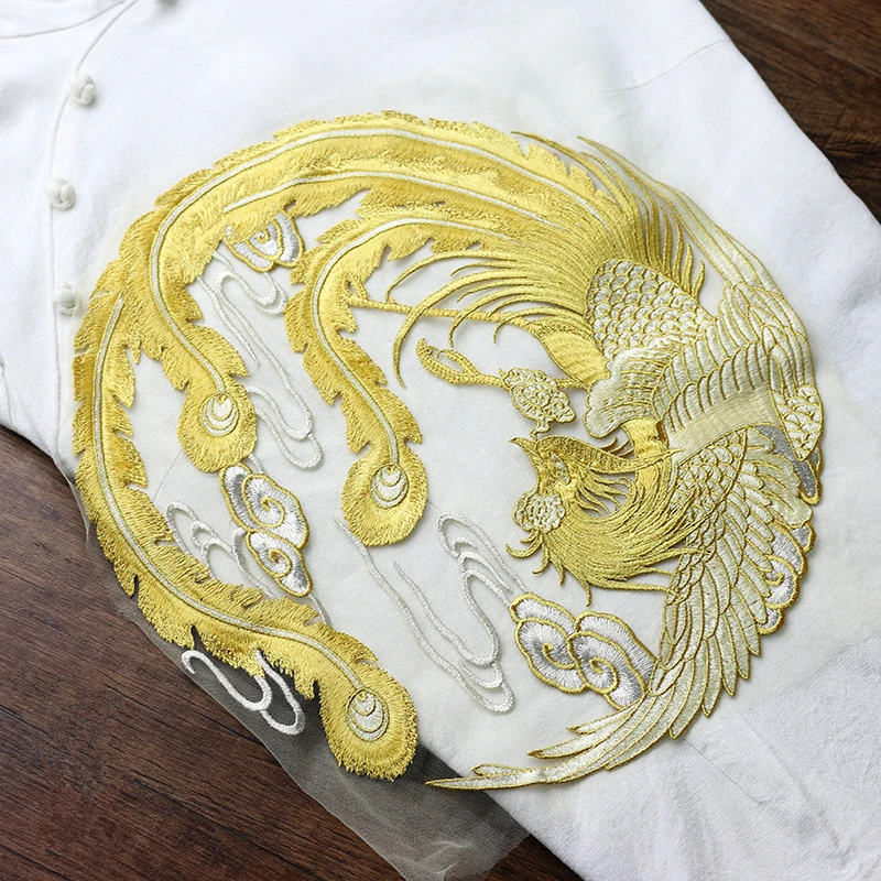 1 Piece Round Golden Phoenix Embroidered Patch Sew On Garment Appliques Patches for Clothes Cheongsam Wedding Dress Accessory