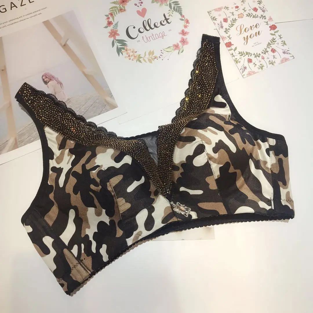 Sexy Fashion Leopard Bra Set Push Up ABC Cup Deep V Bra and Panty Set French Romantic Sexy Lingerie Rhinestone Bralette