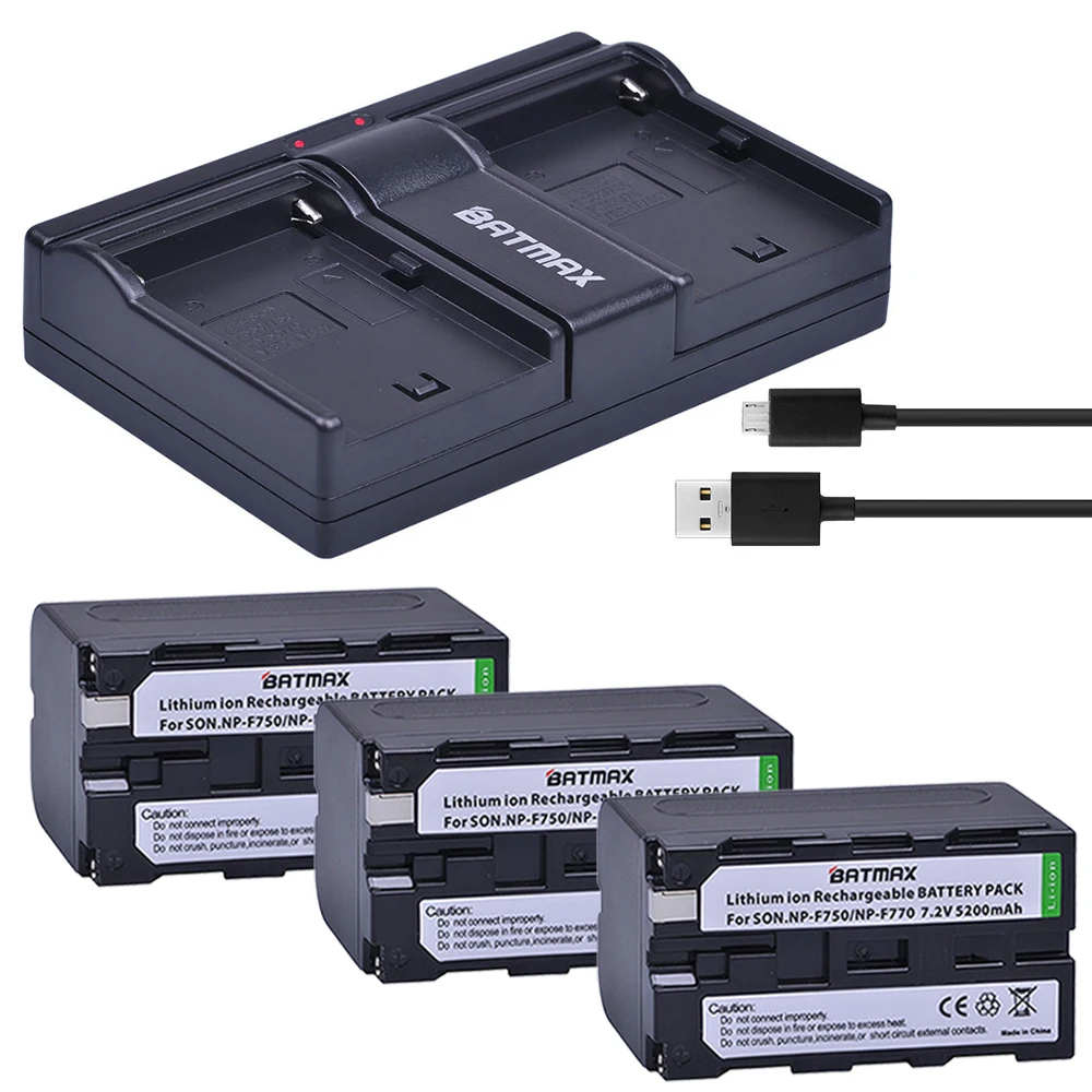 Batmax 3Pcs 7.2V 5200mAh NP-F770 NP-F750 NP F770 NP F750 NPF770 750 Batteries + Dual USB Charger for Sony CCD-RV100 DCR-TRU47E