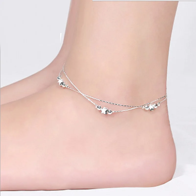 wholesale Silver plated Fashion Two Layers Snake Chain Anklet For Women Silver Color Ankle Chain Bracelet Adjustable Length