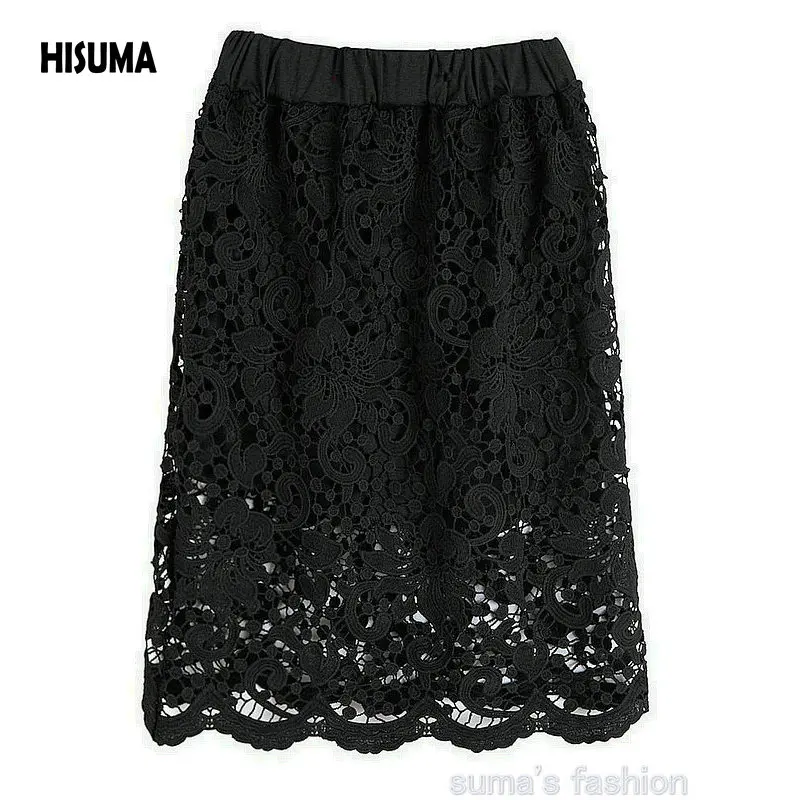 

HISUMA 2024 spring New women's solid color high waist lace sheath skirts Female Chic elegant hollow out skirt