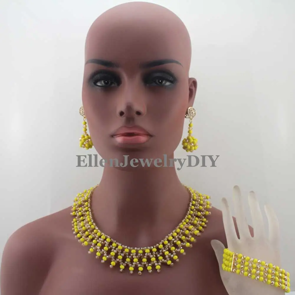 

2019 Fashion Handmade African Wedding Beads Choker Necklace Set Nigerian Indian/Yellow Crystal Jewelry Set Free Shipping W13052