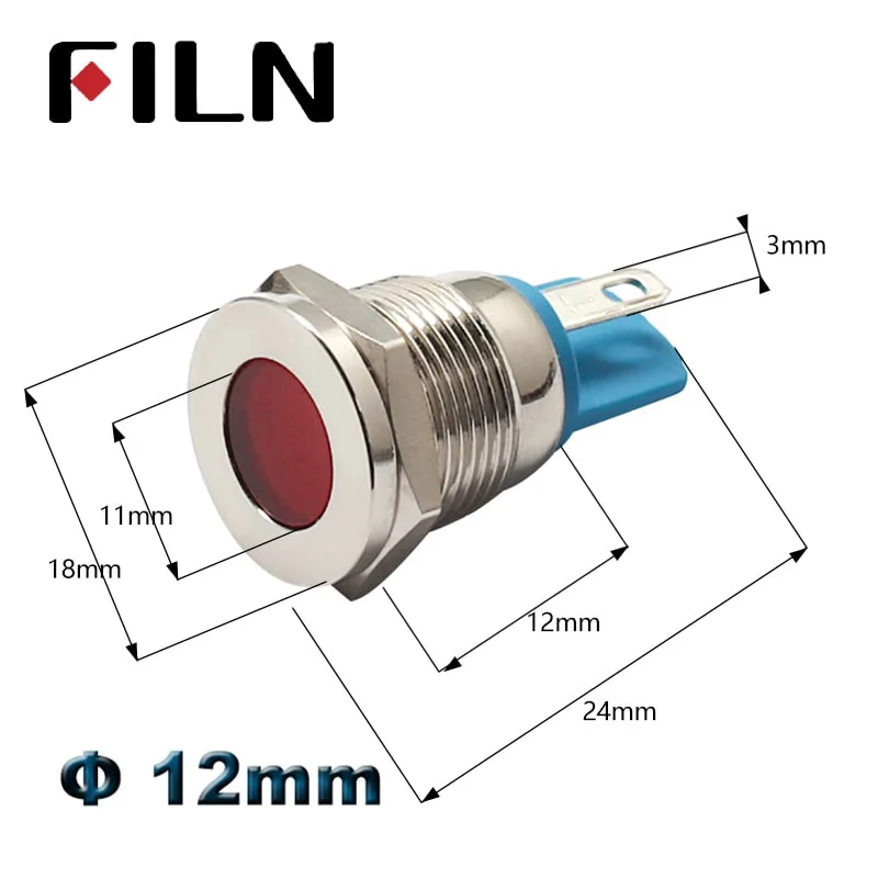 FILN-luz indicadora Led de metal para coche, lámpara piloto de señal roja, verde, azul, blanca y ámbar, 12mm, 12V