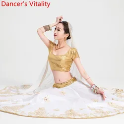 2019 New Arrival Belly Oriental Indian Dance Performance Competition Costume White Golden Set Big Hem Skirt Top Veil 3pcs Suit