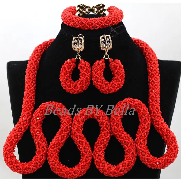 Chunky Indian Wedding Beads Red Crystal Nigerian Fashion Statement Necklace for Women Bridal Jewelry Sets Free Shipping ABK911