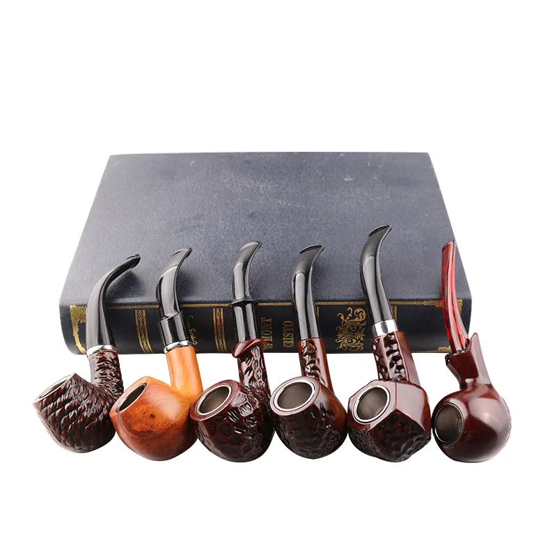 6 Pcs/Set Classic Style Wood Resin Tobacco Smoking Pipes Best Gift for Grandfather Boy Friend Father Random Design