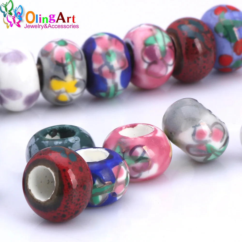 OlingArt 13x8mm 12Pcs/lot Hand painting Mix Color Ceramics Beads For Big Hole 5MM DIY European Bracelet Necklaces Jewelry making