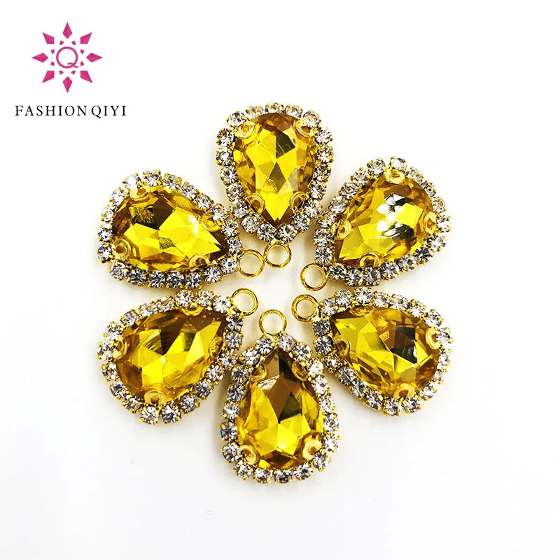 10 stks/pack10X14mmGold bodem Goldyellow teardrop Enkel gat Crystalbutton hoge kwaliteit naaien op strass diyClothing/Kledingstuk