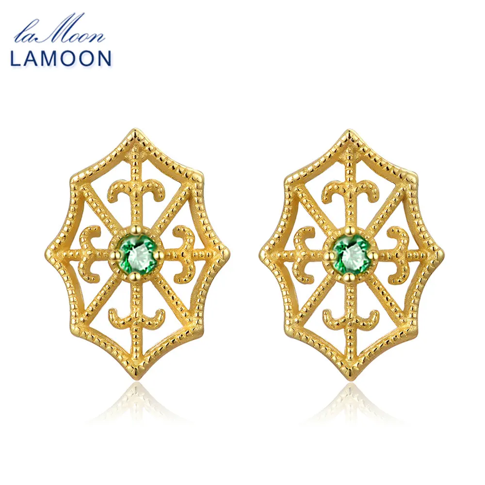 LAMOON Spider Web 2.5mm Round Cut Green Emerald 925 sterling-silver-jewelry  Stud Earring S925 LMEI052