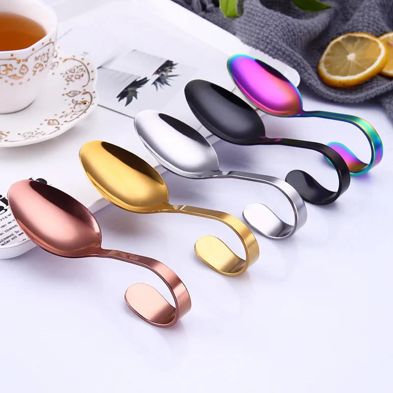 100pcs/lot Stainless Steel Curved Handle Spoon Tableware Colorful Tea Coffee Spoon Mixer Flatware Kitchen Accessories LX0321