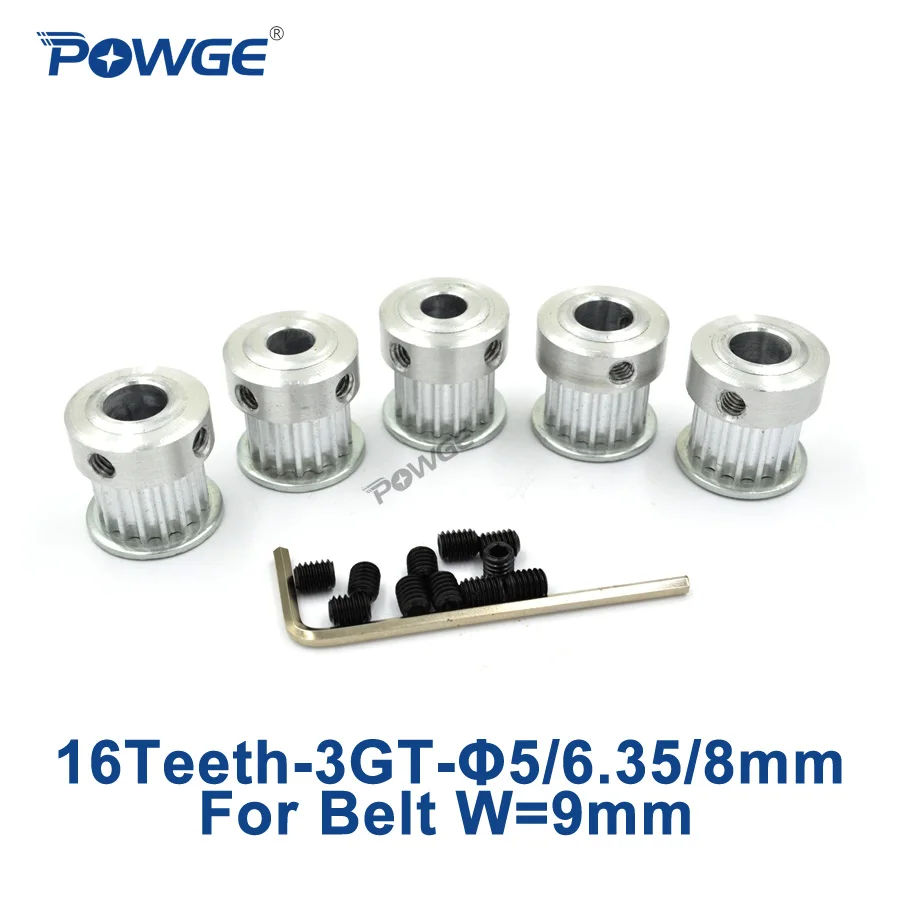 POWGE 5pcs 16 Teeth 3GT Timing Pulley Bore 5mm 6.35mm 8mm for width 9mm 3GT Open Belt GT3 3MGT Synchronous pulley 16Teeth 16T