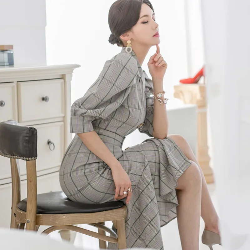 Plus Size Work Office Midi Dress Women Half Sleeve Notched Print Plaid Blazer Dress Women Double Button Summer Dress 2019 Robe