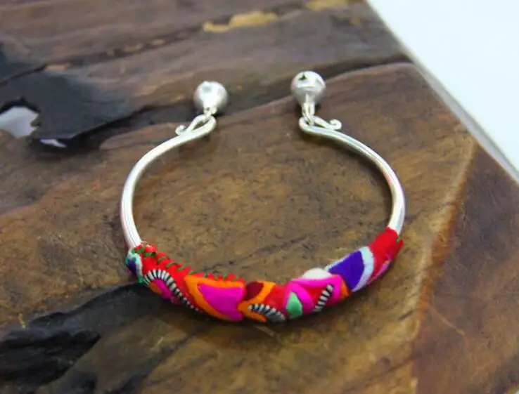 

Miao Silver Pure Handmade Embroidered Adjustable Bell Bracelet