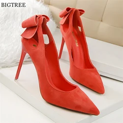 Sexy Cut-Outs Back Bowtie Women Pumps Red Black Pink Pointed Toe Shoes High Heels Women Wedding Party Shoes Ladies Stiletto 2022