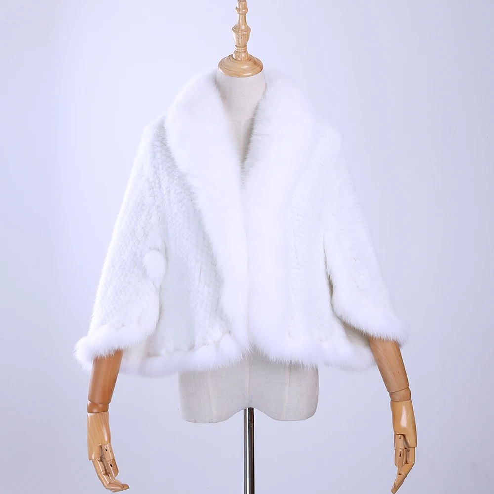 Free Shipping New Genuine Knitted Mink Fur Shawl Wrap Cape with Fox fur collar Triming women Lady mink fur coat Jacket Stole