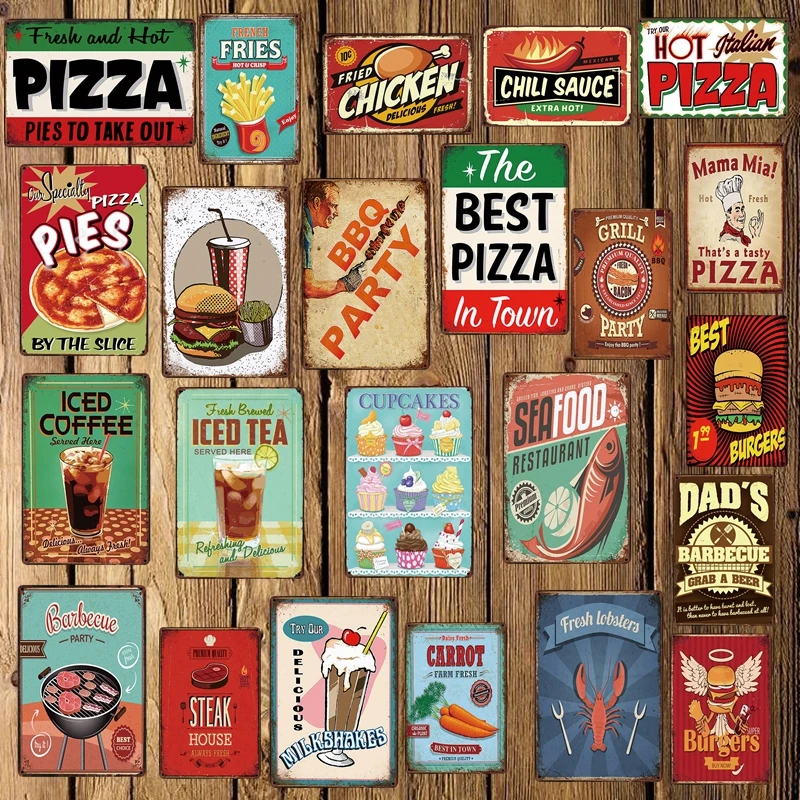 [ DecorMan ] PIZZA BBQ COFFEE TEA Seafood Beef hamburger Metal Signs Custom tin signs Mural Paintings Bar PUB Decor LT-1755