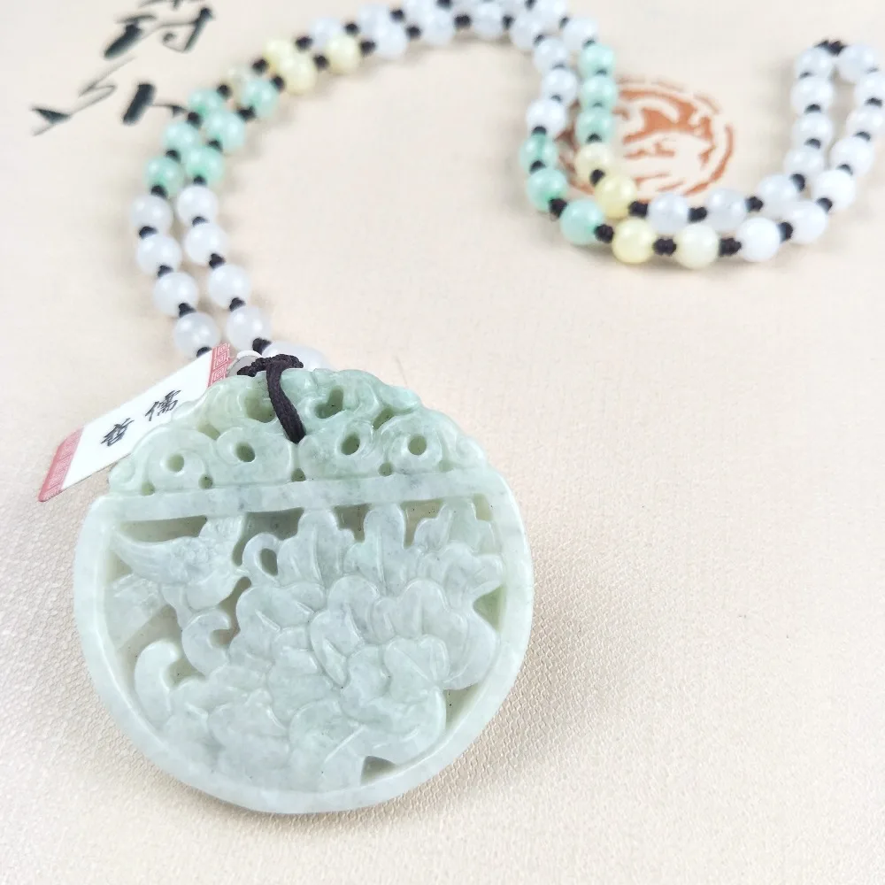 Zhe Ru Jewelry Pure Natural Jadeite Light Green Magpie Peony Pendant Tricolor Ice Bottom Jade Bead Chain Send A Certificate