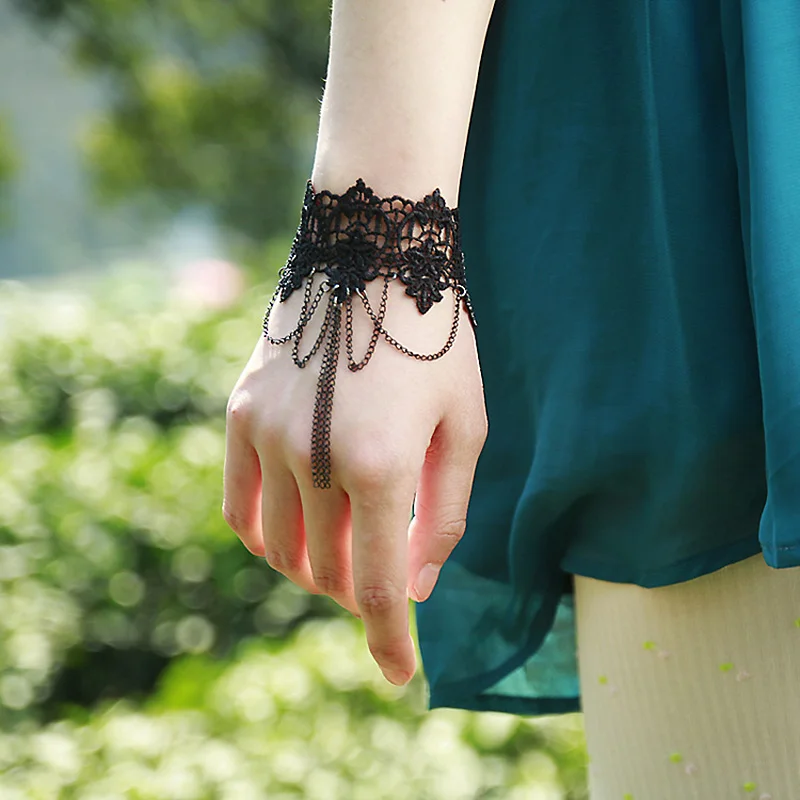 Handmade Women's Black Knitted Lace Flower Layered Chain Tassel Drop Bracelet Alloy Metal Lolita Gothic Vintage Fashion Jewelry