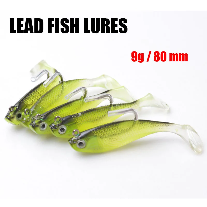 5 sztuk/partia 3D oczy ołowiu przynęty z T Tail miękkie przynęty pojedyncze hak przynęty sztuczne przynęty jig wobblers gumy 80mm/9g