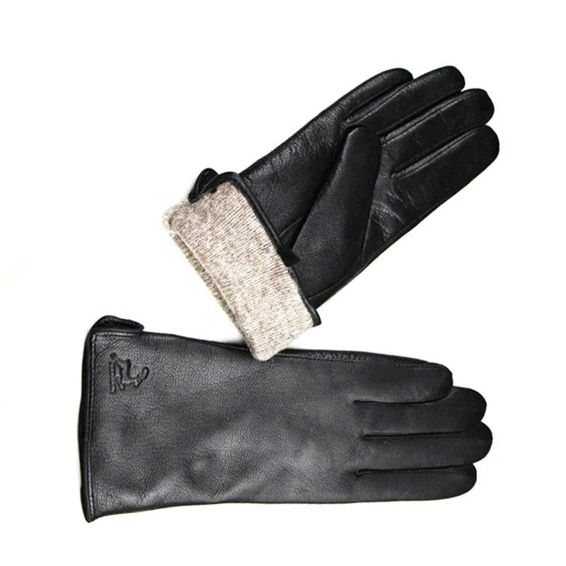 Goatskin Gloves Female Deerskin Pattern Thin Straight Board Style Autumn and Winter Thick Windproof Warmth Cold Gloves