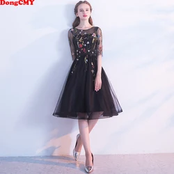 DONGCMY SEXY BLACK COCKTAIL DRESSES SHORT ELEGANT WOMEN PARTY FLOWER ROBES DE BAL BACKLESS HALF SLEEVE PROM DRESS