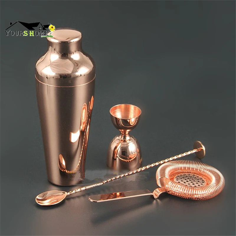 

Cocktail Shaker Bar Set Copper Gold Plated Shaker Barware Set - 4 Pieces Bartender Kit Barware