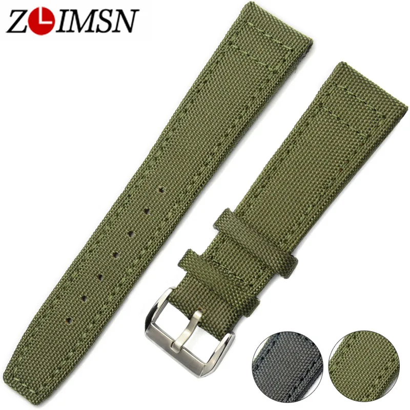 

ZLIMSN Nylon Bands Leather Bottom Men Women Watch Bands Replacement 20 22mm Watchbands Green Black Stainless Steel Pin Buckle