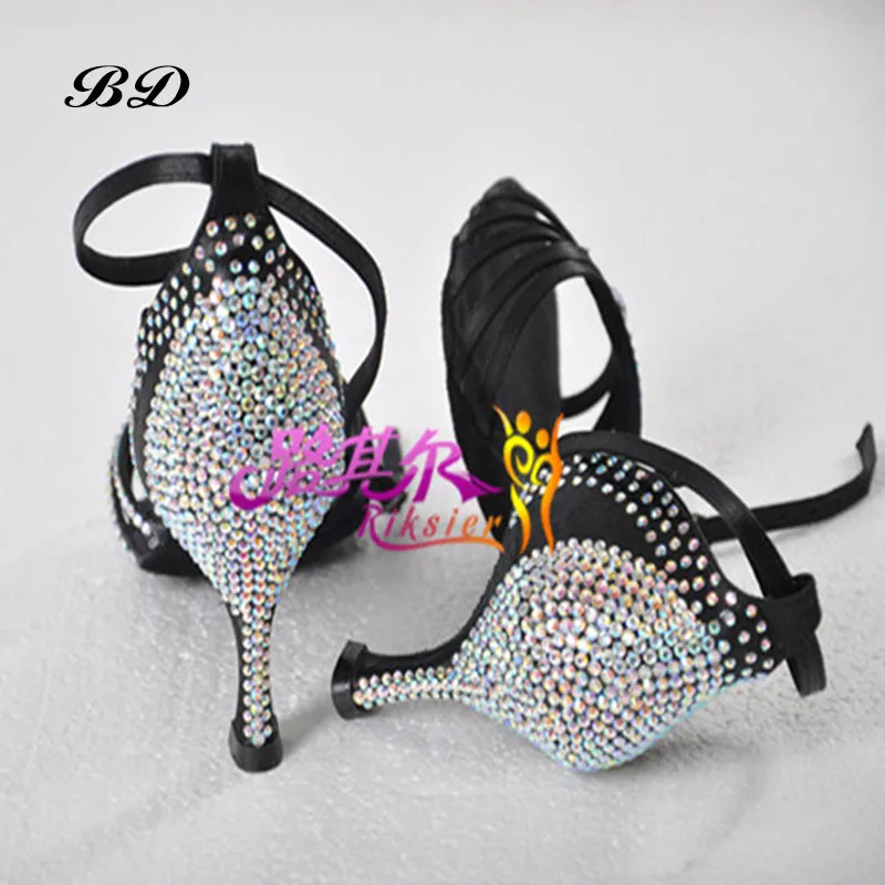 SALSA High Quality Dance Shoes Brand Party Ballroom Latin Girl Sports With Diamond Brown Dancing Discount BD 217 Thin Heels