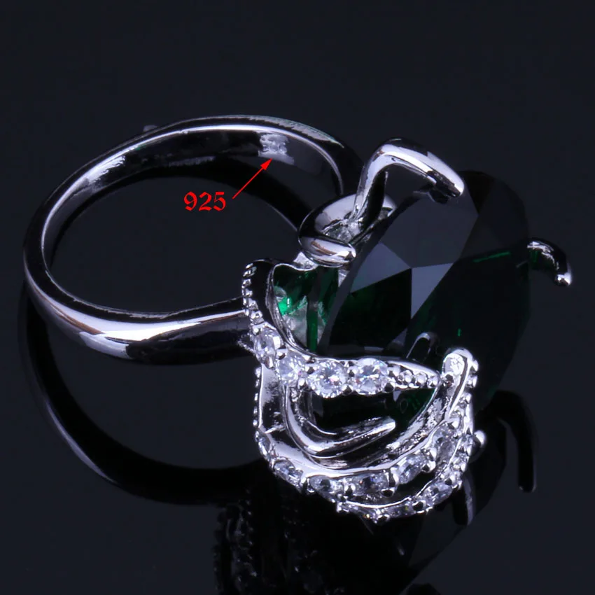 Clean Round Green Cubic Zirconia White CZ 925 Sterling Silver Ring V0555