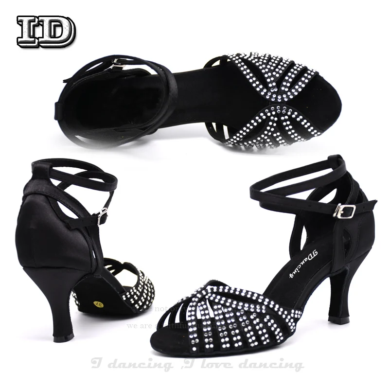 Chaussures de danse latine avec strass et lanières croisées, en Bronze, noires, confortables, pour salle de bal, Jazz, fête, valse