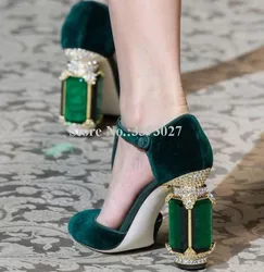 Royal Green Velvet Gemstone Embellished Heels Shoes Woman T-Strap Crystal Chunky Heels Pumps Best Desinger Female Single Shoes