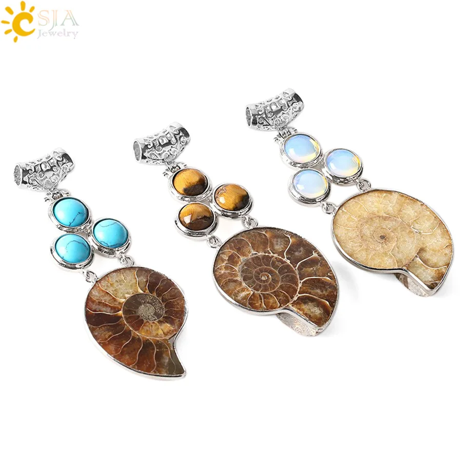 CSJA Bohemia Ketting Pendant Natural Ammonite Shell Round Charm Opal Pink Quartz Tiger Eye Semi Precious Stone Bead E249