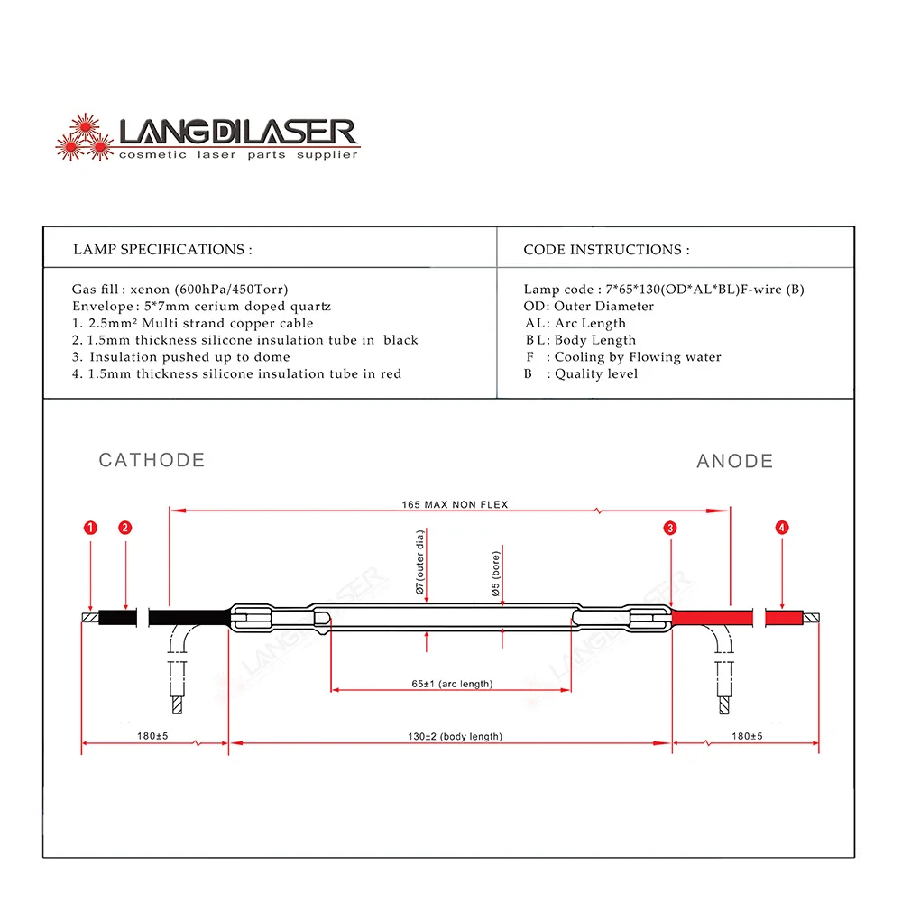 laser flash bulbs lamps for laser beauty lasers : 7*65*130F - wire , Weifang Mingliang Electronics Co., Ltd.