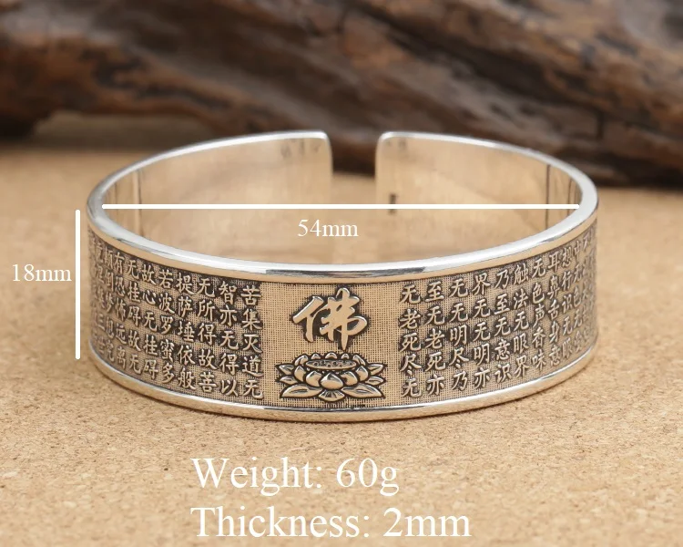 100% 999 Silver Tibetan Lotus Flower Women Bracelet Real Pure Silver Buddhist Heart Sutra Bangle Women Cuff Bracelet