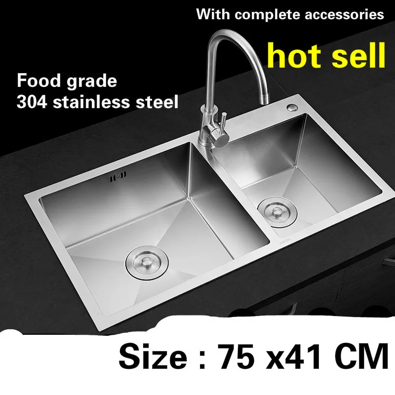 

Free shipping Kitchen sink durable manual 3 mm thick food grade stainless steel vogue double groove 75 x41 CM