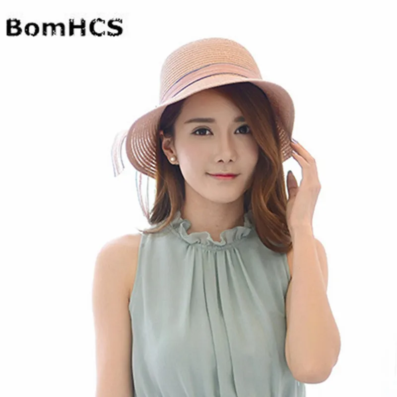 BomHCS Koren Women Summer Beach Straw Hat Travel Caps Bucket Hat Ribbon Style 17F-311MZ1