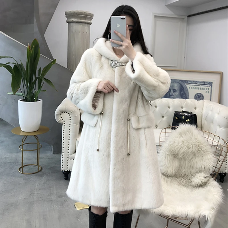 2023 Fashion Copenhagen Mink Whole Fur Women X-long Natural Real Girl Coat with Hood  Winter Thick Warm Female Mink Fur Jacket