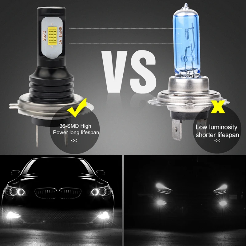 Katur 2pcs Super Bright H7 LED Bulbs Led Driving Running Lights Fog Light Auto Lamp 12V 6000K White High Power 3570 CSP