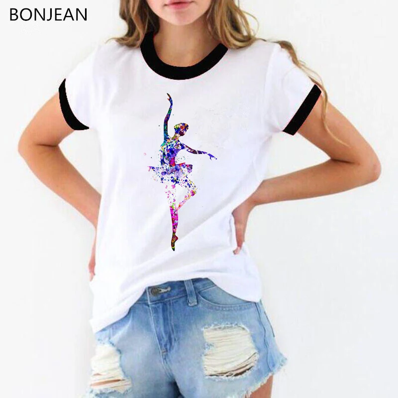 Watercolor Ballet Art T Shirt Women Harajuku Kawaii Ballerina Printed Tshirt Femme 90s Cute White Shirt Tops Drop Shipping