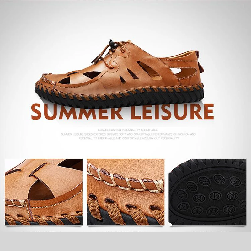 ZFTL New men's casual sandals Outdoor hole shoes large size beach sandals slippers Genuine Leather handmade leisure shoes 2023