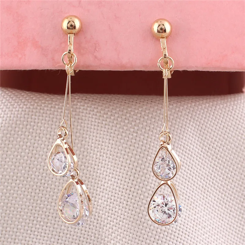 Grace Jun Korea Style CZ Double Water Drop Shape Clip on Earrings Non Piercing for Women Party Wedding Charm Jewelry Bijouterie