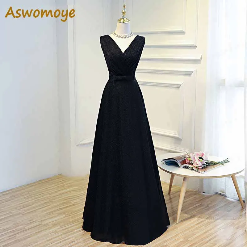 Aswomoye-Vestido de noche brillante para mujer, ropa de fiesta Formal con cuello en V, Sexy, con fajas, color negro, Otoño, 2018