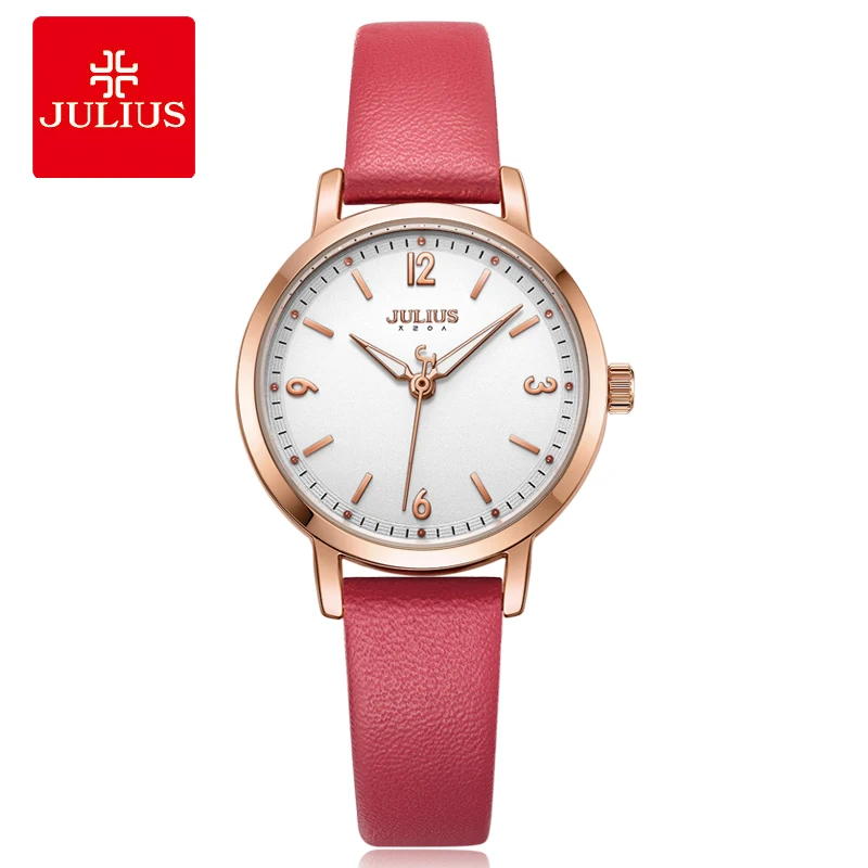 Julius Silver Ladies Red Leather Watch Women Clock Steel Quartz Wristwatch Casual Gift Whatch Luxury Fashion Relogio JA-1070