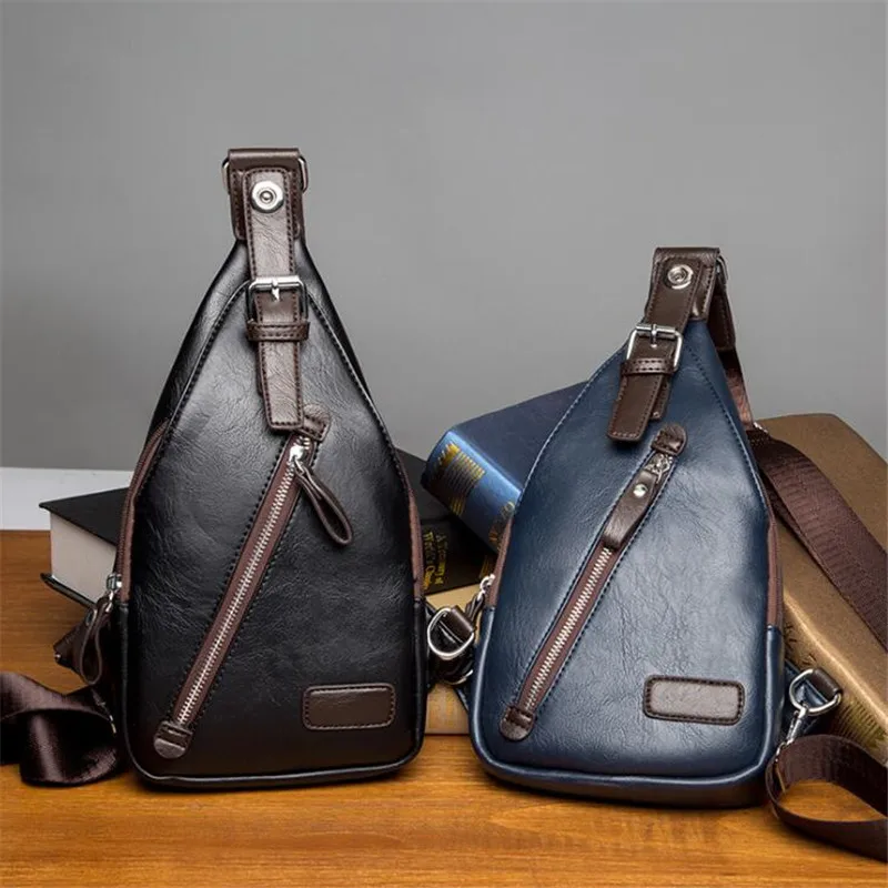 2024 New Anti-thief Crossbody Bag Chest Bag Men Leather Chest Bags Travel Male Sling Bag Black/Blue