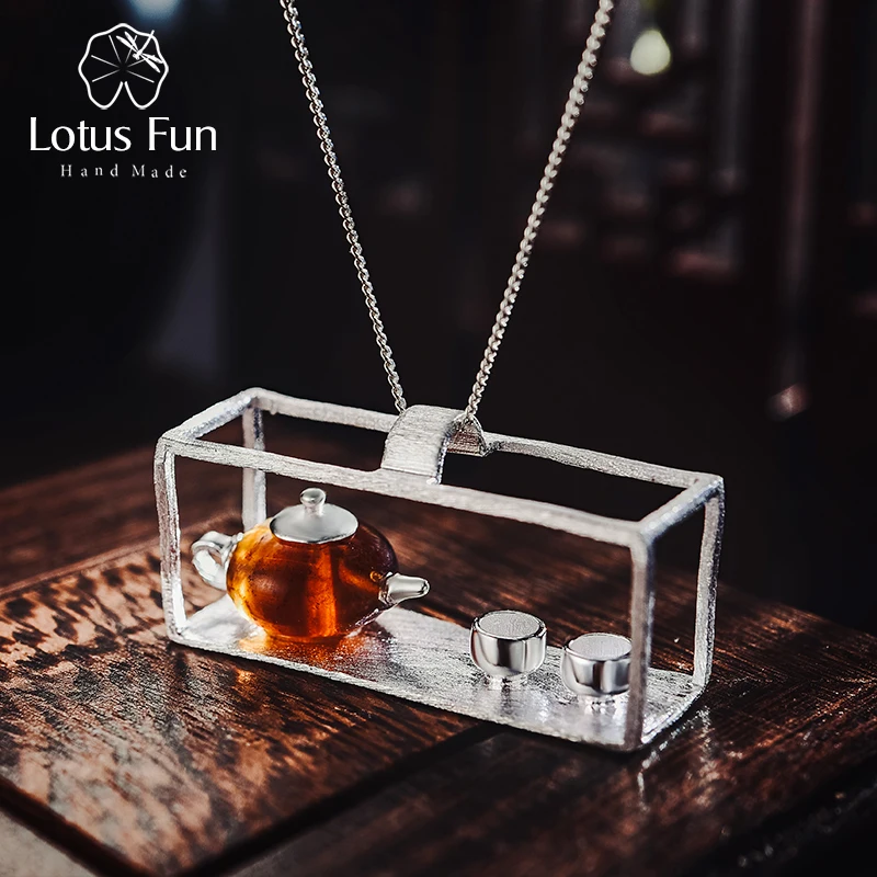 

Lotus Fun Real 925 Sterling Silver Handmade Fine Jewelry Natural Amber Original Teapot Design Pendant without Necklace for Women