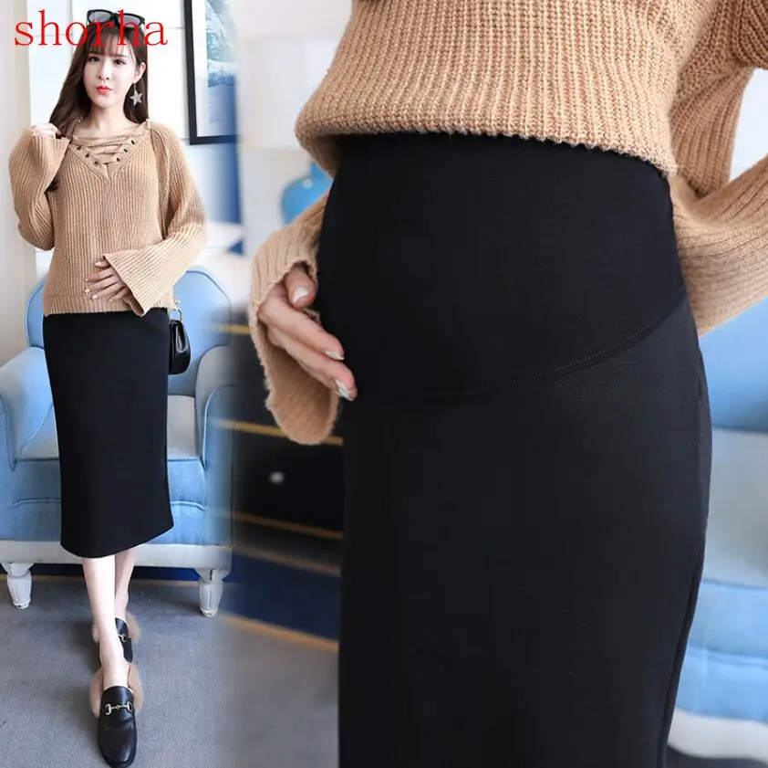 

2018 Autumn Korean Fashion Maternity Skirts Elastic Waist Belly Long Skirts Side Split Skirts for Pregnant Women Pregnancy