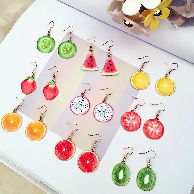 Cute Acrylic Fruit Food Dangle Watermelon Strawberry Apple Pineapple Kiwi Orange Drop Earrings For Women Girl Gift