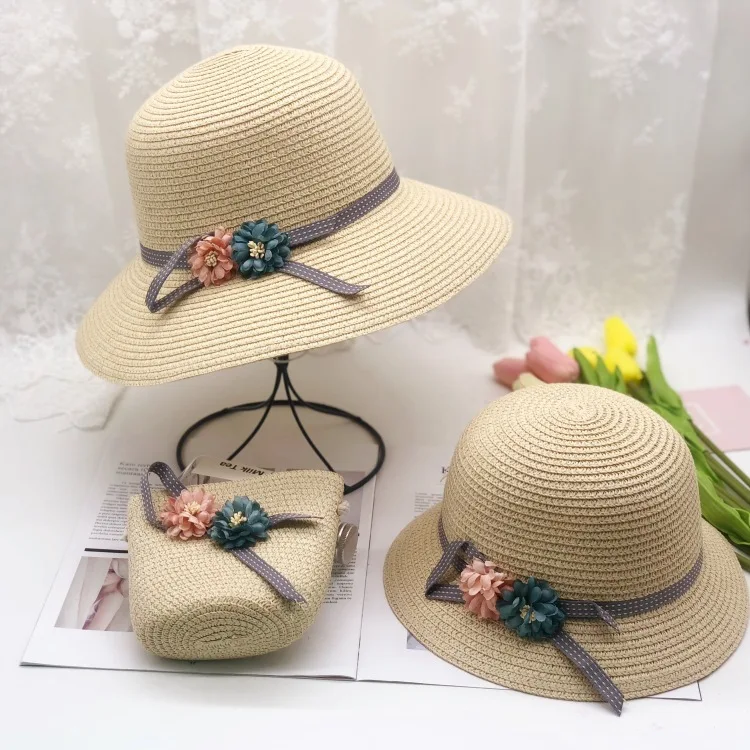 Fashion Small Fresh Straw Hat Baby Sun Hat Girl Summer Cap beach Visor Hat Straw Bag Three-piece suit Parent SetHat