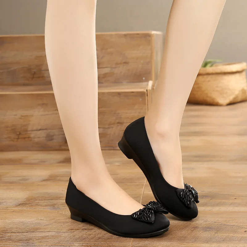 Autumn Women Office Shoes Ladies Low Heel Pumps Bow Black Wedges Comfortable Heels Formal Work Mom Shoes Ladies Pumps